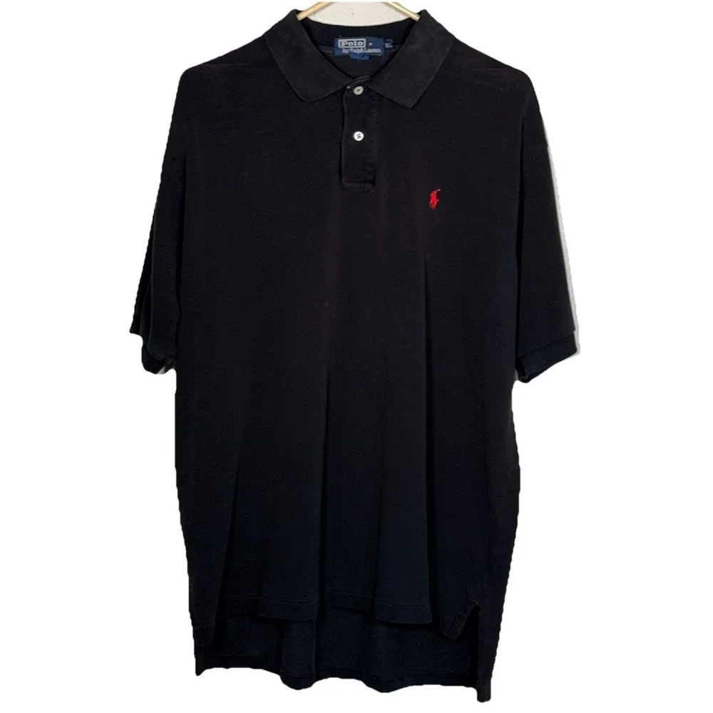 Vintage Polo Ralph Lauren Polo Shirt Mens XL Black Pique Cotton Red Pony 90s